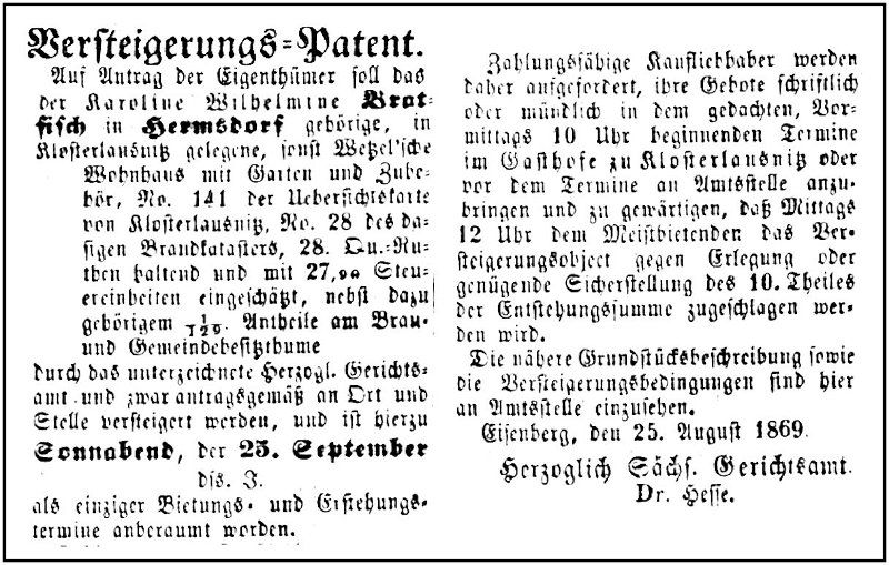 1869-09-25 Kl Versteigerung Bratfisch